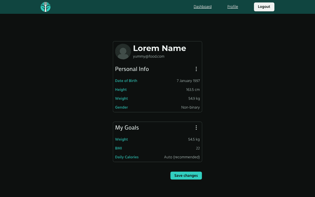 Bite Balance profile page