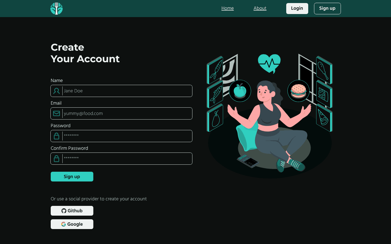 Bite Balance sign up page