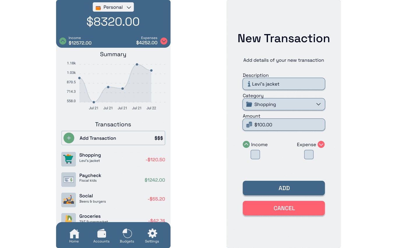 Cash Flow transactions log and new transaction form 