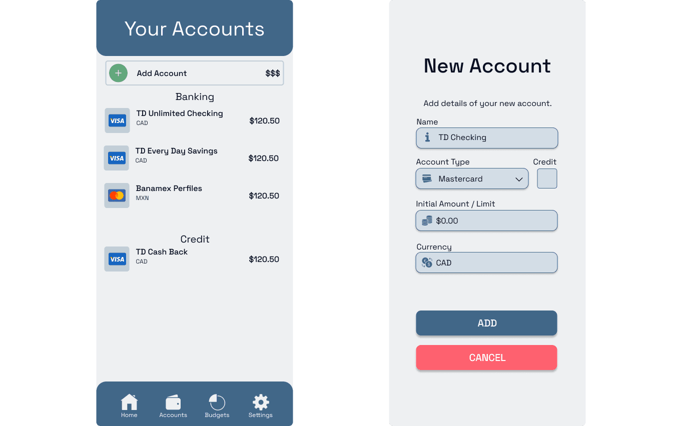 Cash Flow accounts page and new account form