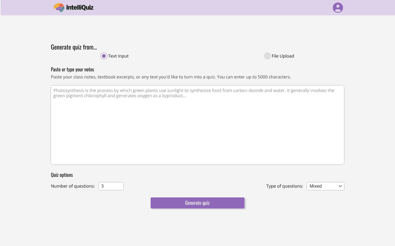 Intelliquiz text input page