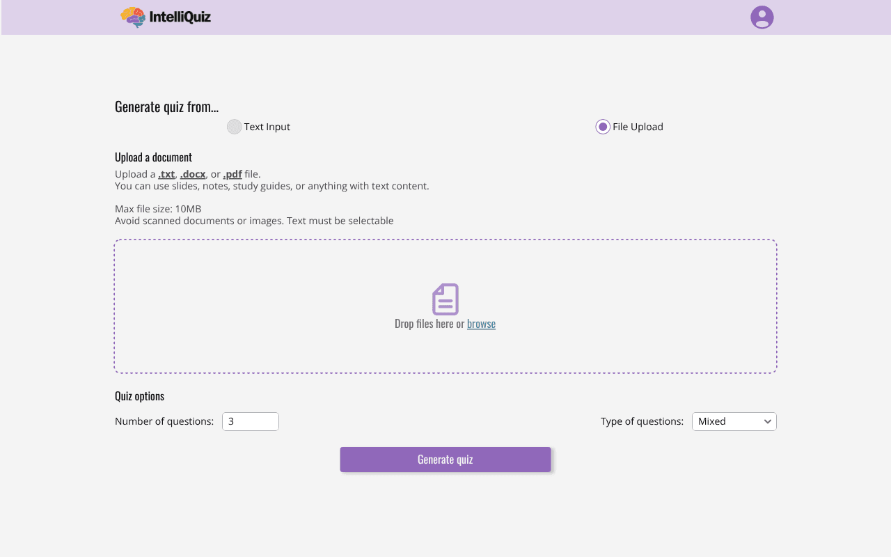 Intelliquiz file input page