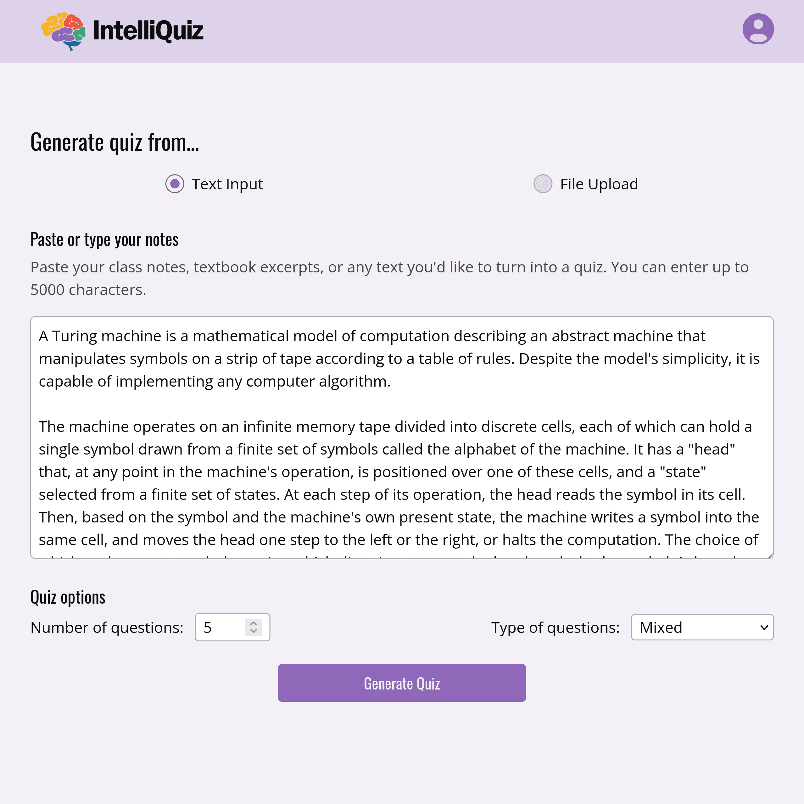 Quiz input page with text input mode selected.