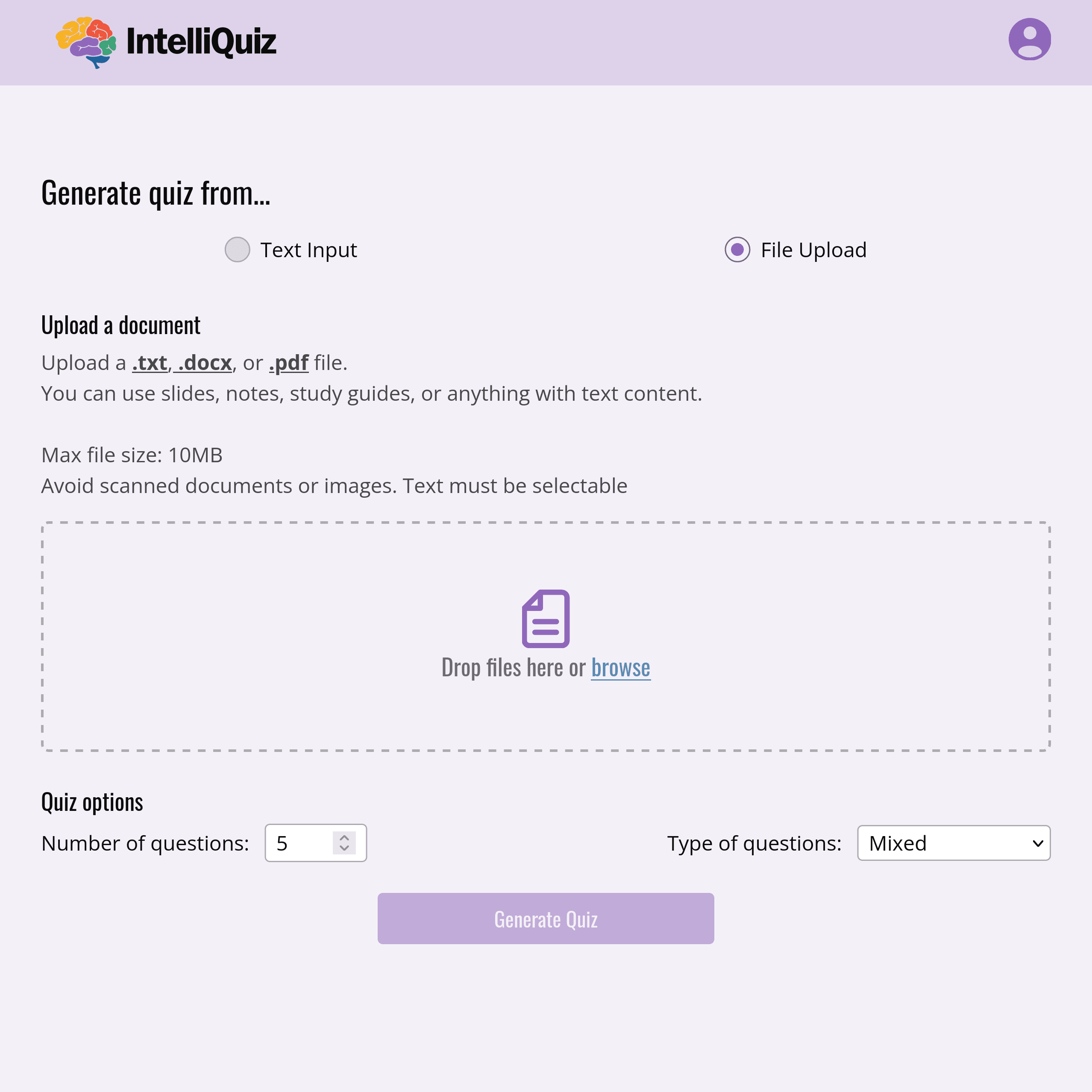 Quiz input page with file input mode selected.