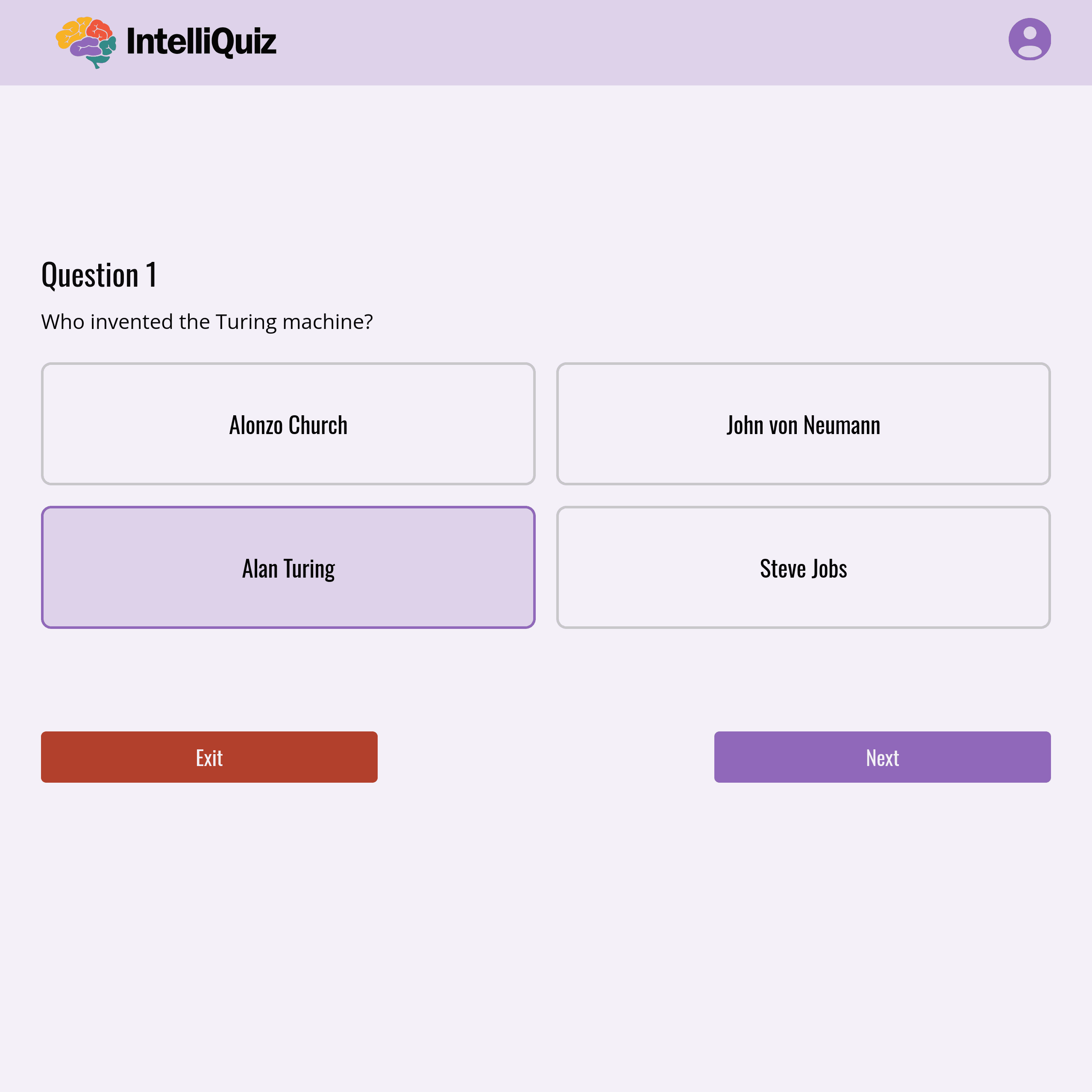 Quiz question page with four options and one answer selected.