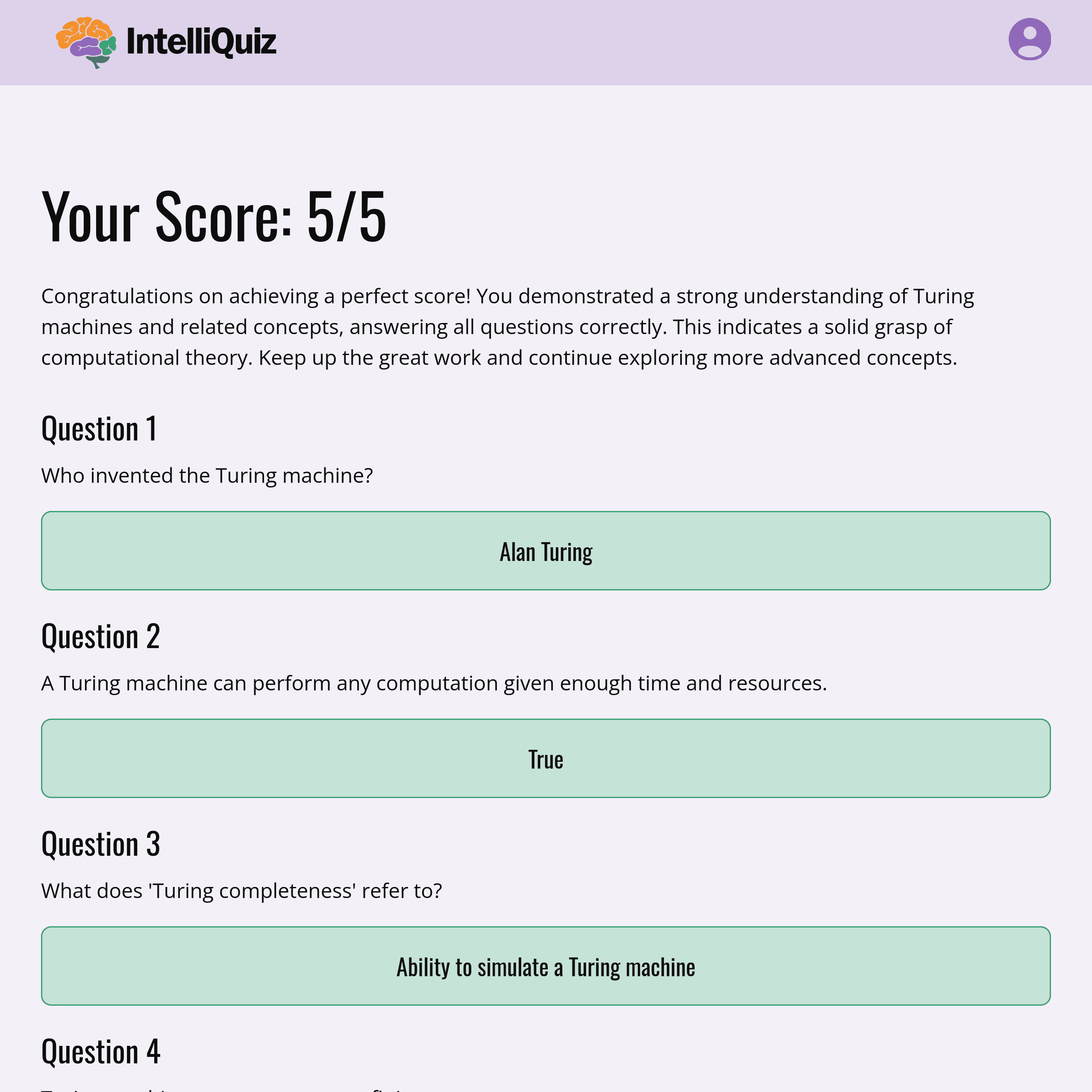 Quiz results page with feedback visible.