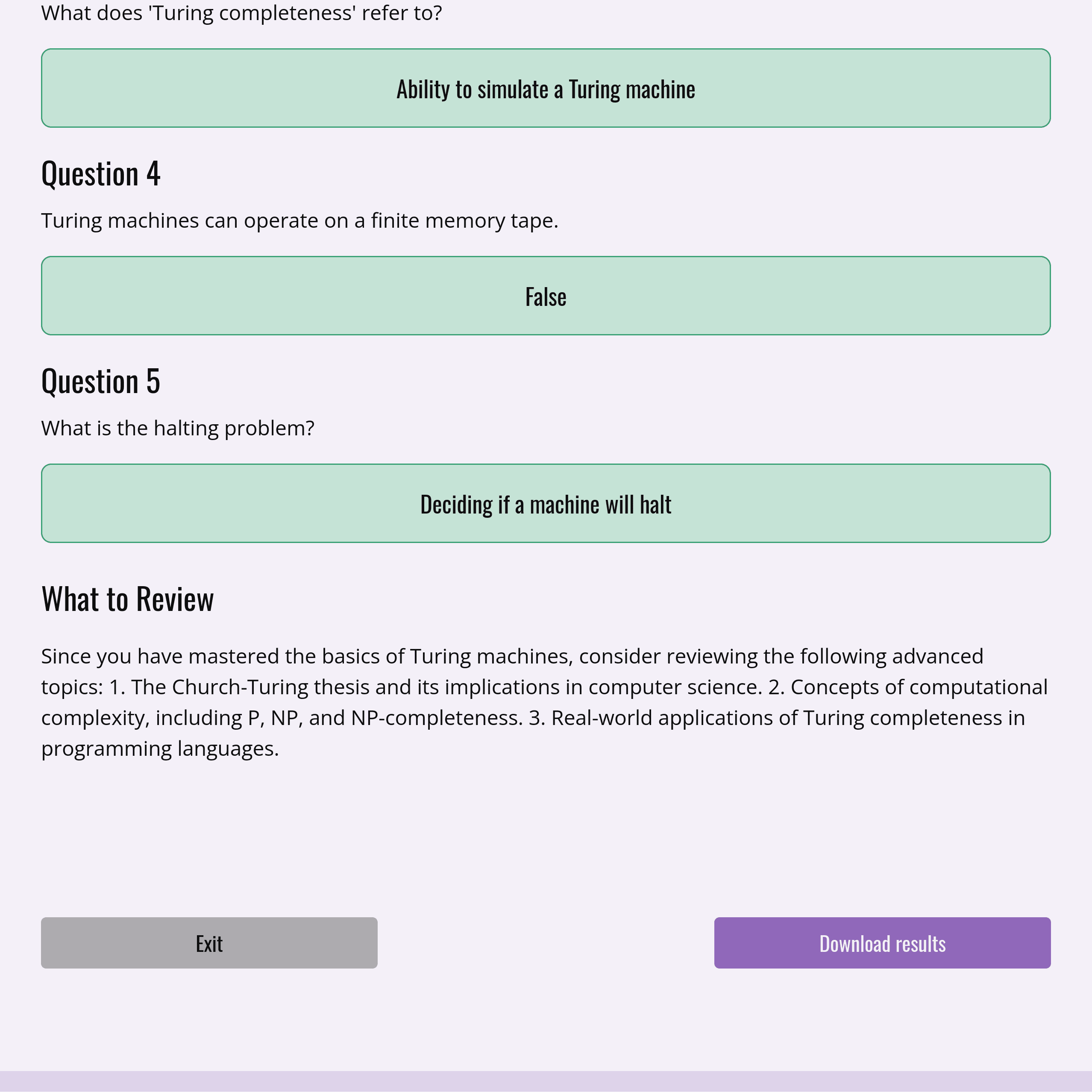 Quiz results page with review recommendations visible.